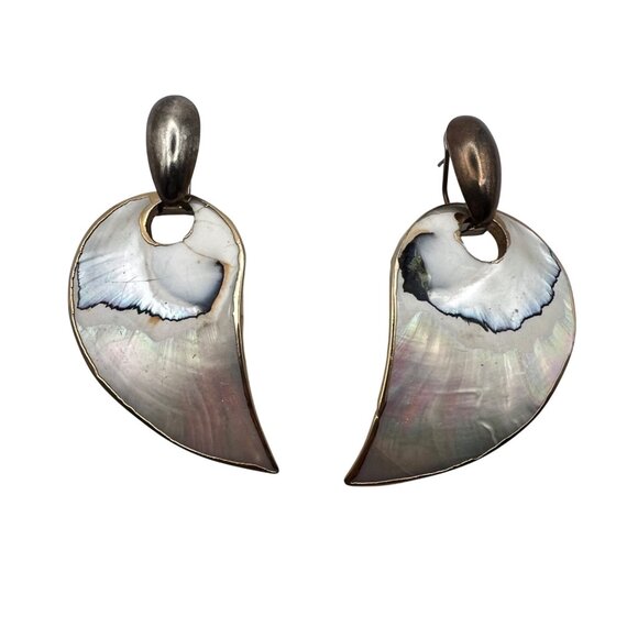 Jewelry - Mother Of Pearl Reversible Omega Back Earrings Abalone Gold Tone Statement Vtg